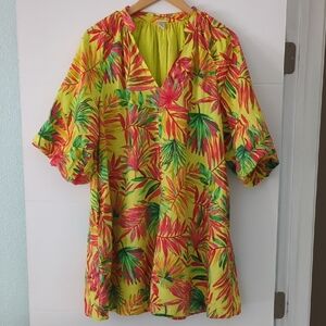 Magaschoni Vibrant Tropical PrintLinen Resort Wear BeachyV-Neck A Line MiniDress